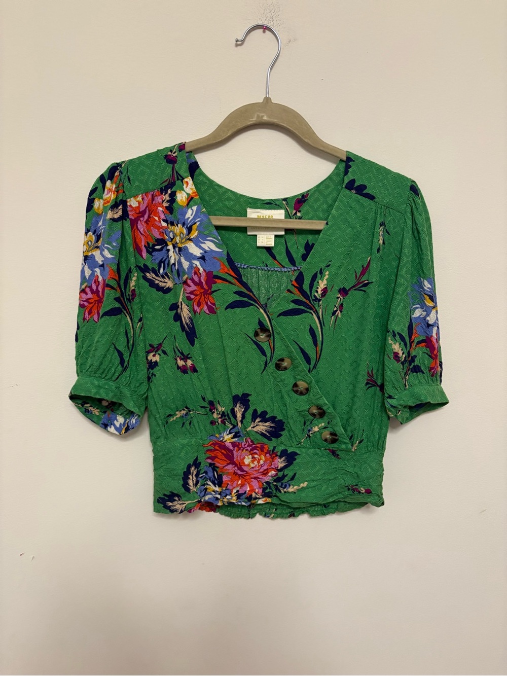 Maeve Anthropologie Womens 6 Madelyn Cropped Blouse Green Floral Cottagecore